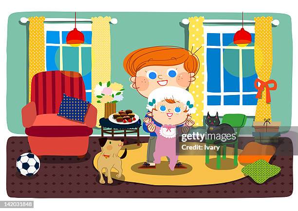 Illustration Of Boy Holding Baby High-Res Vector Graphic