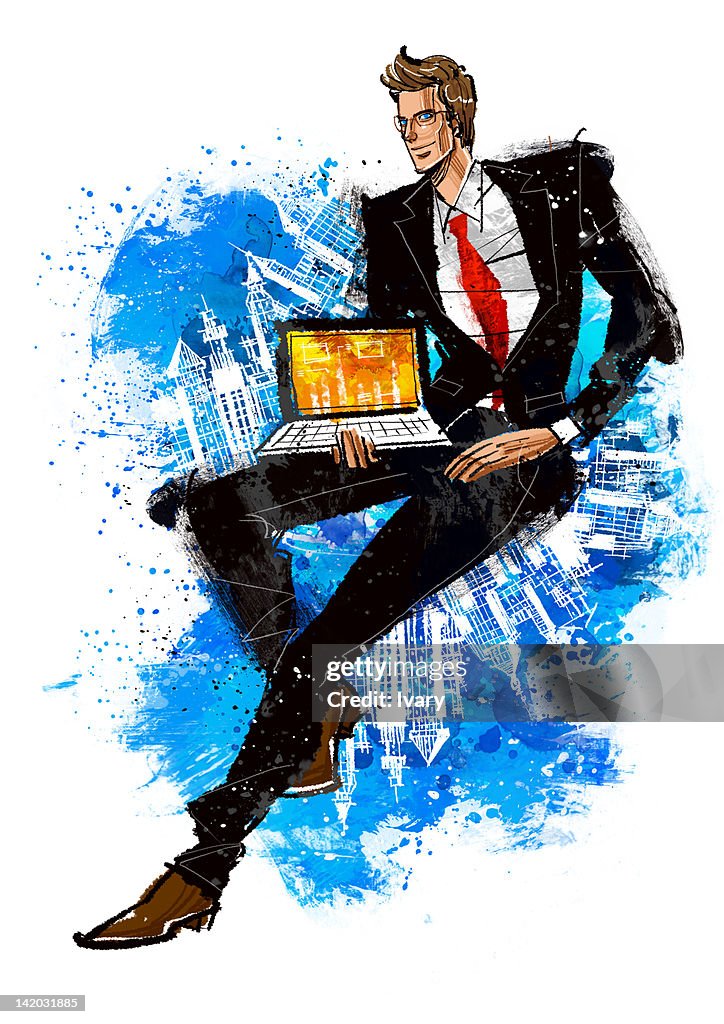 Illustration of a well-dressed business man with laptop