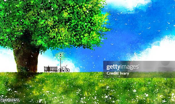 single tree over green landscape - single tree stock illustrations