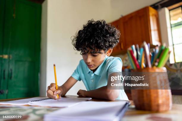 ragazzo che studia a casa e fa i compiti - study at home foto e immagini stock