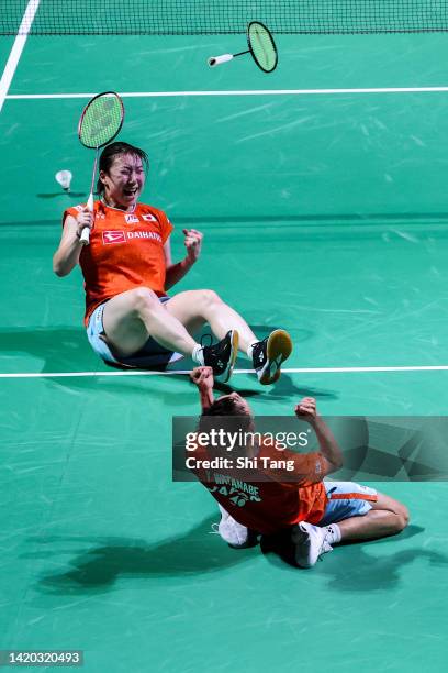 Yuta Watanabe and Arisa Higashino of Japan celebrate the victory in the Mixed Doubles Semi Finals match against Zheng Siwei and Huang Yaqiong of...