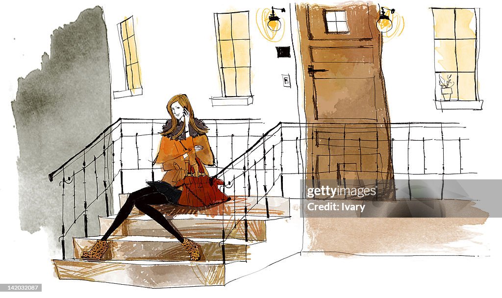 Woman Sitting On Staircase In Front Of Door