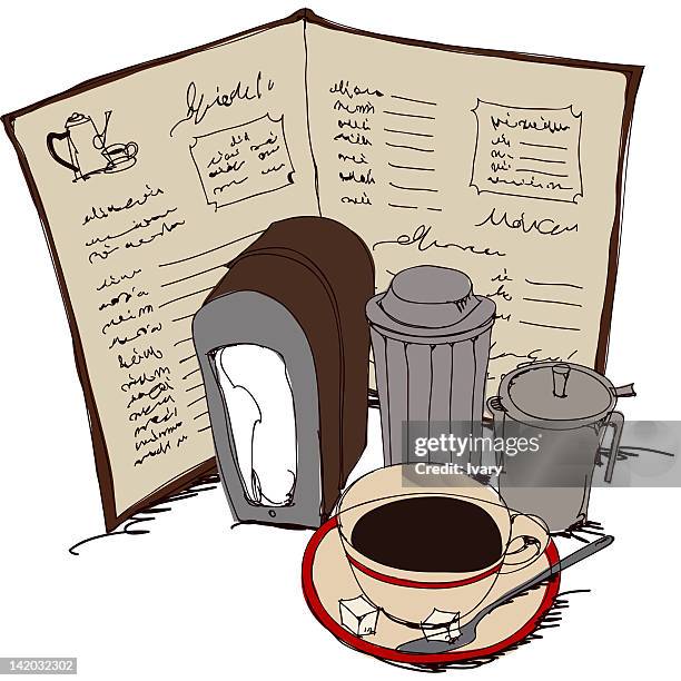 menu, coffee cup and thermos flask - sugar cube stock illustrations