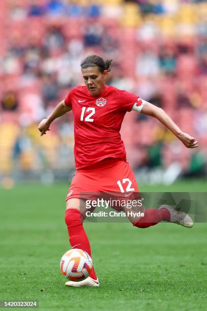 Christine Sinclair of Canada kicks during the International Women's Friendly match between the Australia Matildas and Canada at Suncorp Stadium on...