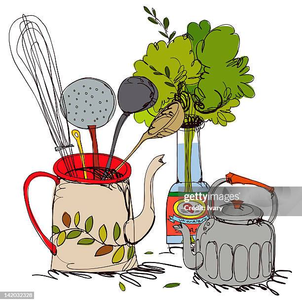 jug with kitchen utensil and kettle - kettle isolated stock illustrations
