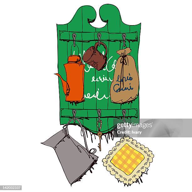 ilustrações, clipart, desenhos animados e ícones de kitchen utensil hanging on wooden board - caneca de medidas