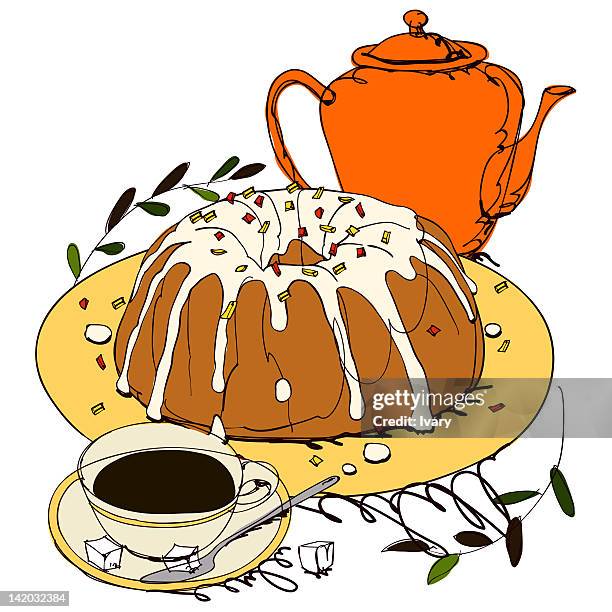 cake and coffee cup on white background - sugar cube stock illustrations