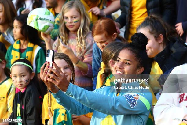 Mary Fowler of Australia with fans after the International Women's Friendly match between the Australia Matildas and Canada at Suncorp Stadium on...