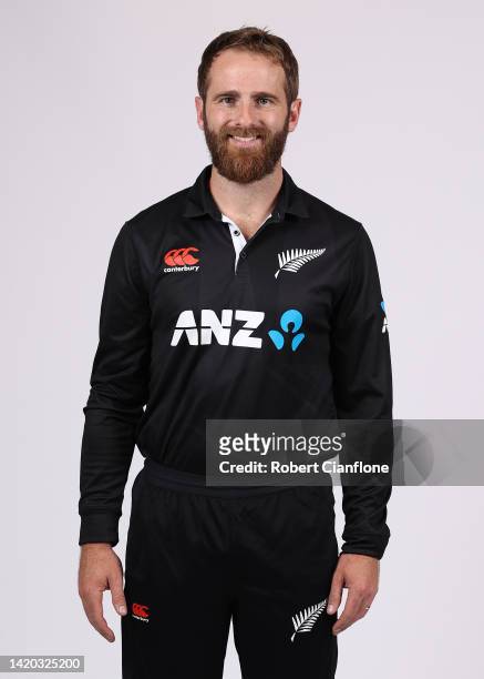 Kane Williamson of New poses during the New Zealand 2022/23 ODI headshots session at the Novotel Resort on September 03, 2022 in Cairns, Australia.
