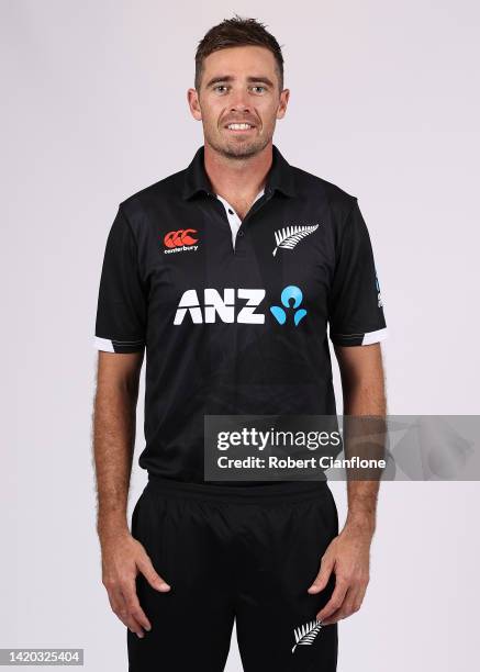 Tim Southee of New Zealand poses during the New Zealand 2022/23 ODI headshots session at the Novotel Resort on September 03, 2022 in Cairns,...