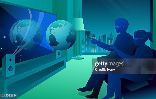 illustration of a couple watching 3-d movie - 3d glasses 幅插畫檔、美工圖案、卡通及圖標