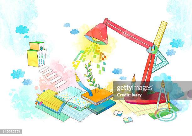 table lamp with books and pencil - book stack on white stock illustrations