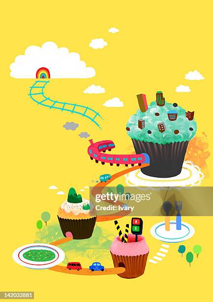 train travelling through cup cake - place mat stock illustrations