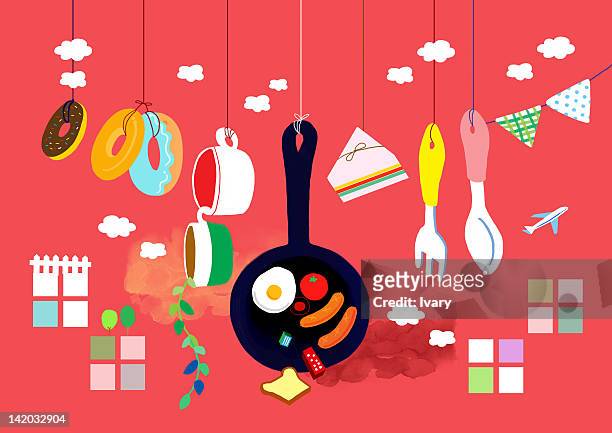 kitchen utensil hanging with string on red background - place mat stock illustrations