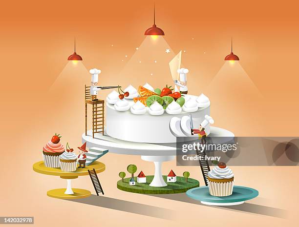 stockillustraties, clipart, cartoons en iconen met bakery worker making cake - making a cake