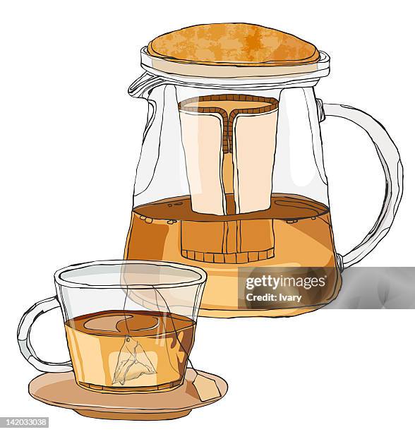 tea pot and tea cup with tea bag - tea bag white background stock illustrations