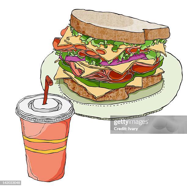 stockillustraties, clipart, cartoons en iconen met club sandwich and takeaway cold drink - club sandwich