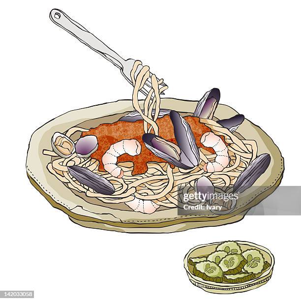 noodles prawns and sea shell - prawn stock illustrations
