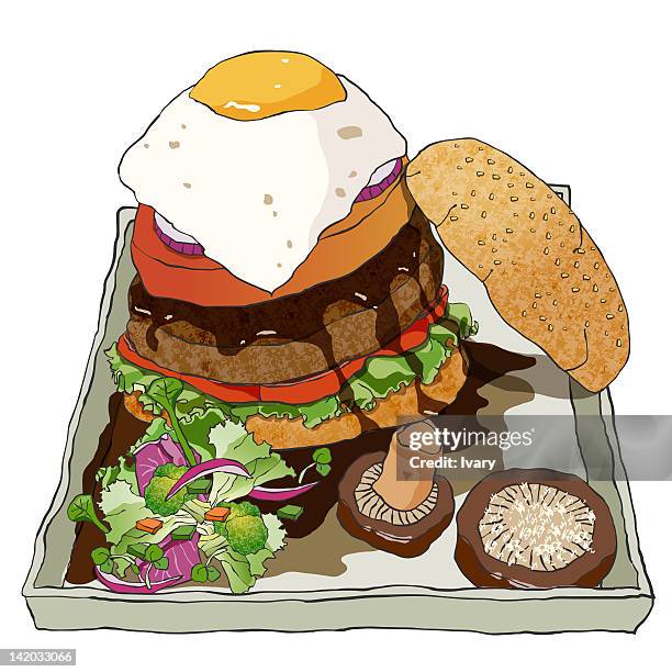 egg hamburger with mushroom - mushroom burger stock illustrations