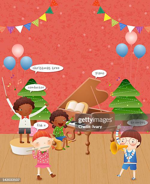 children playing musical instruments - piano quartet stock illustrations