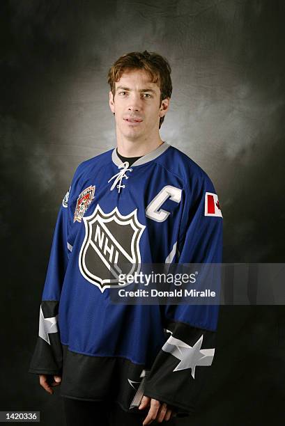 Joe Sakic of the North American Team poses for a portrait in his All Star jersey during NHL All Star week in Los Angeles, California. DIGITAL IMAGE...