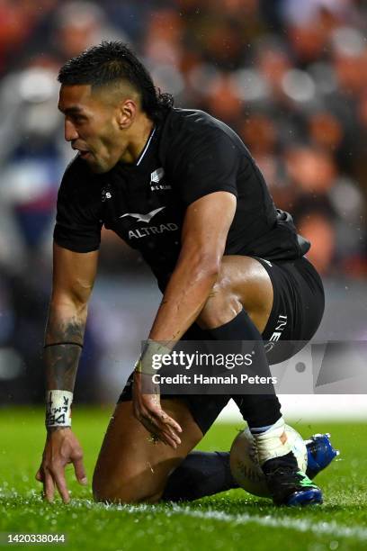 Rieko Ioane of the All Blacks celebrates after scoring a try during The Rugby Championship match between the New Zealand All Blacks and Argentina...