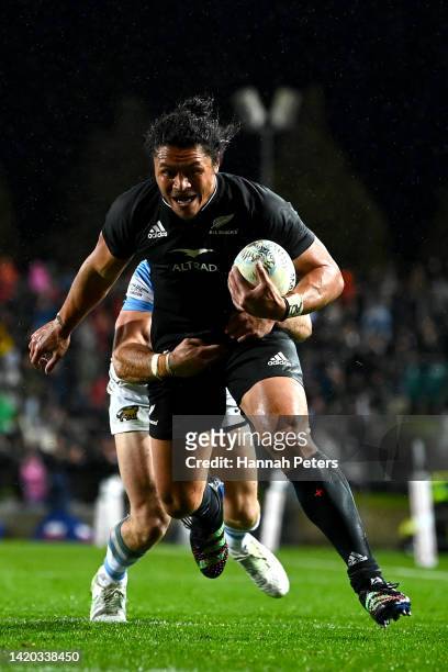 Caleb Clarke of the All Blacks dives over to score a try during The Rugby Championship match between the New Zealand All Blacks and Argentina Pumas...