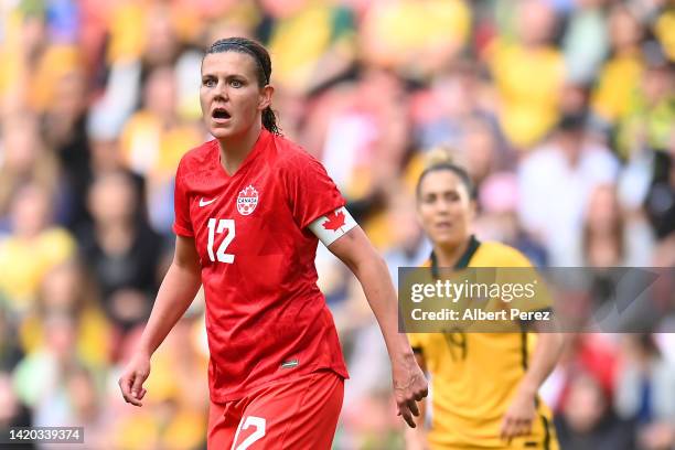 Christine Sinclair of Canada reacts during the International Women's Friendly match between the Australia Matildas and Canada at Suncorp Stadium on...