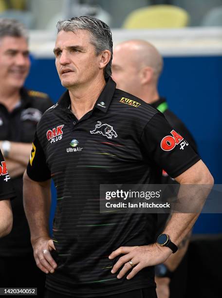 Panthers coach Ivan Cleary looks on before the start of the round 25 NRL match between the North Queensland Cowboys and the Penrith Panthers at Qld...