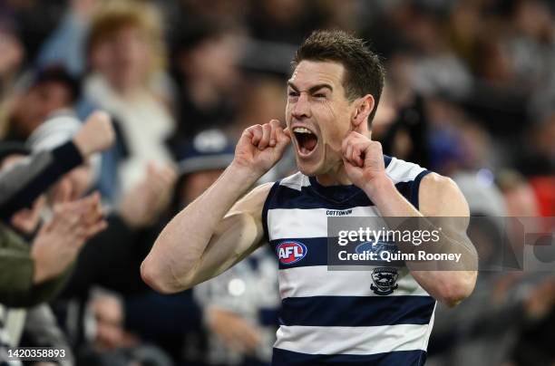 Jeremy Cameron of the Cats reacts to the crowd after kicking a goal during the AFL First Qualifying Final match between the Geelong Cats and the...