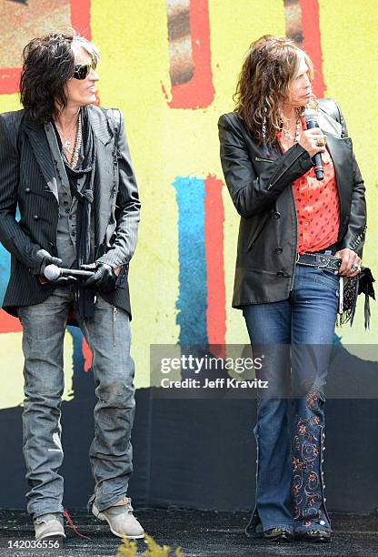 Joe Perry and Steven Tyler attends Aerosmith Press Conference at The Grove on March 28, 2012 in Los Angeles, California.