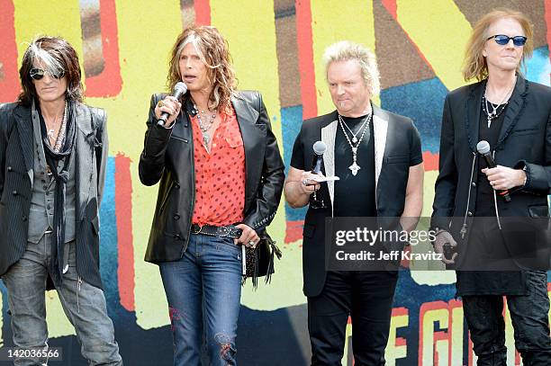 Joe Perry, Steven Tyler, Joey Kramer and Tom Hamilton attends Aerosmith Press Conference at The Grove on March 28, 2012 in Los Angeles, California.