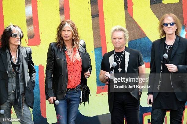 Joe Perry, Steven Tyler, Joey Kramer and Tom Hamilton attends Aerosmith Press Conference at The Grove on March 28, 2012 in Los Angeles, California.