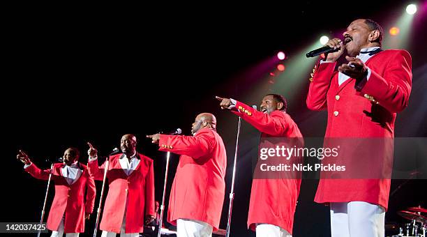 Ron Tyson, Otis Williams, Bruce Williamson, Terry Wells and Ron Tyson of The Temptations perform at O2 Arena on March 28, 2012 in London, England.