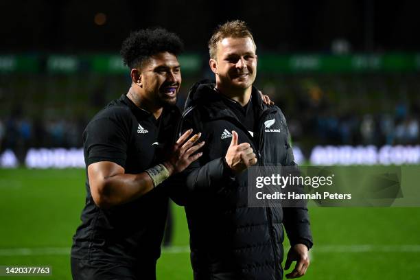 Ardie Savea and Sam Cane of the All Blacks celebrate after winning The Rugby Championship match between the New Zealand All Blacks and Argentina...