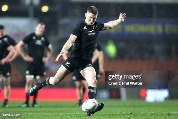 Jordie Barrett of the New Zealand All Blacks kicks a conversion during The Rugby Championship match between the New Zealand All Blacks and Argentina...