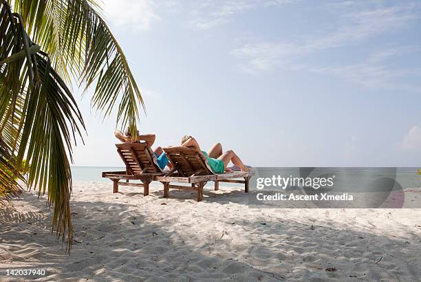 couple relax on white sand beach, palm tree - strand liegen stock-fotos und bilder