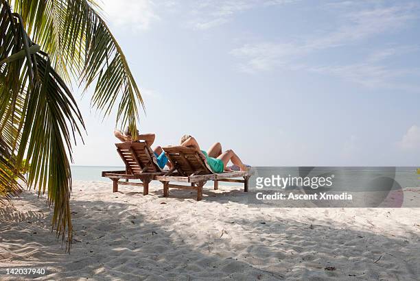 couple relax on white sand beach, palm tree - sun lounger 個照片及圖片檔