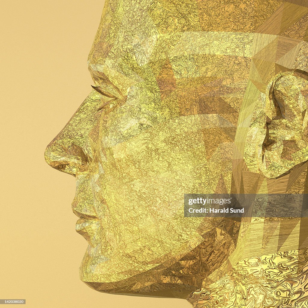 Left side view - golden metallic human male face