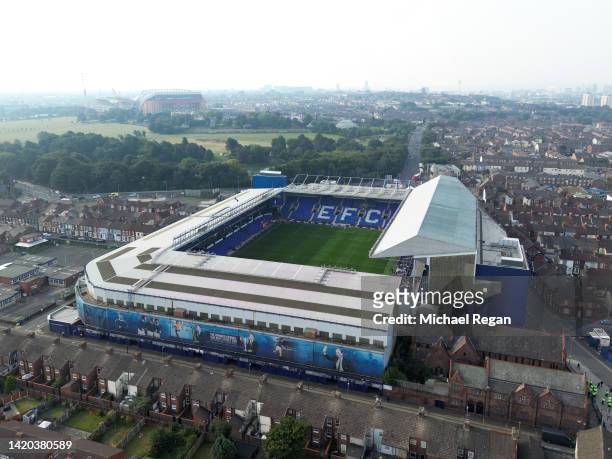 An aerial view of Goodison Park prior to the Premier League match between Everton FC and Liverpool FC at Goodison Park on September 03, 2022 in...