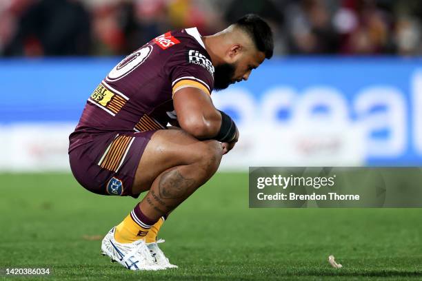 Payne Haas of the Broncos reacts at full time during the round 25 NRL match between the St George Illawarra Dragons and the Brisbane Broncos at...