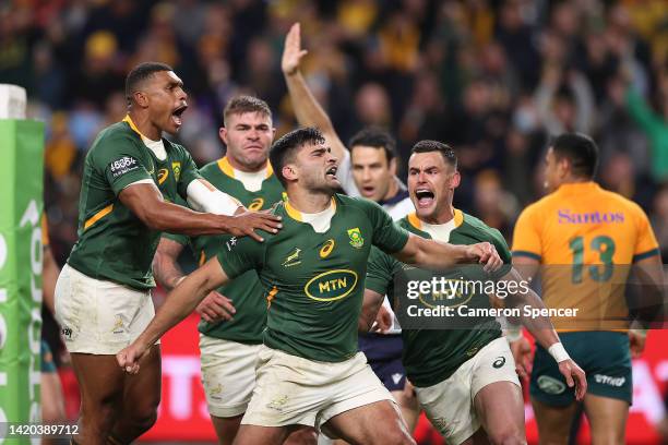 Damian de Allende of the Springboks celebrates his try during The Rugby Championship match between the Australia Wallabies and South Africa...