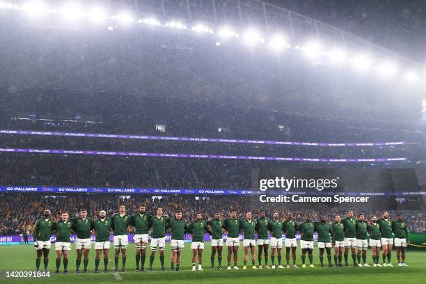 The Springboks embrace for the national anthem during The Rugby Championship match between the Australia Wallabies and South Africa Springboks at...