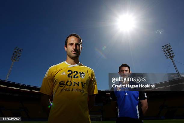 Captain Andrew Durante of the Phoenix and captain Terry McFlynn of Sydney FC pose ahead of tomorrow night's A-League Elimination Final match between...