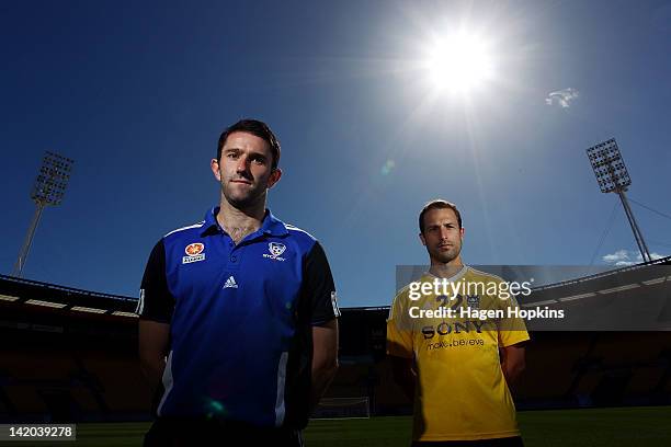 Captain Andrew Durante of the Phoenix and captain Terry McFlynn of Sydney FC pose ahead of tomorrow night's A-League Elimination Final match between...