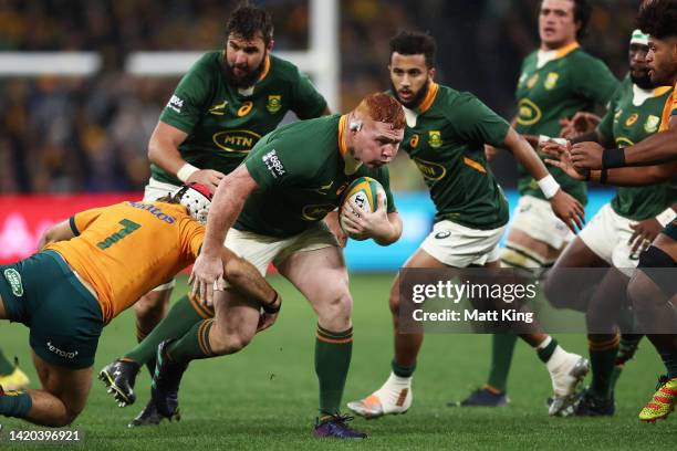 Steven Kitshoff of the Springboks is tackled during The Rugby Championship match between the Australia Wallabies and South Africa Springboks at...