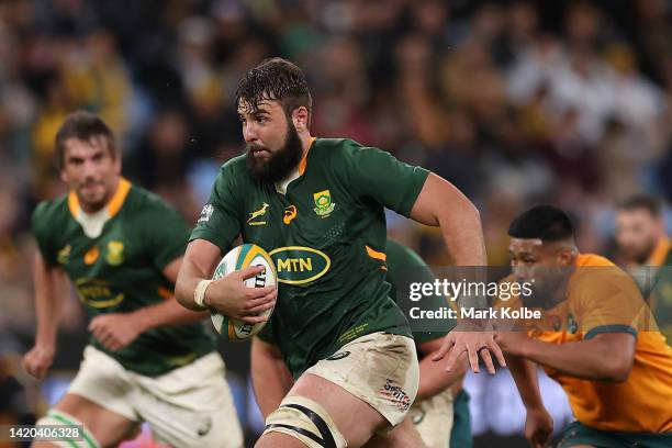 Lood de Jager of the Springboks runs with the ball during The Rugby Championship match between the Australia Wallabies and South Africa Springboks at...