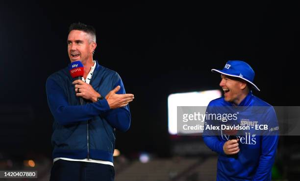 Sky Sports' Kevin Pietersen speaks to Eoin Morgan of London Spirit Men after the Hundred Eliminator match between Manchester Originals Men and London...