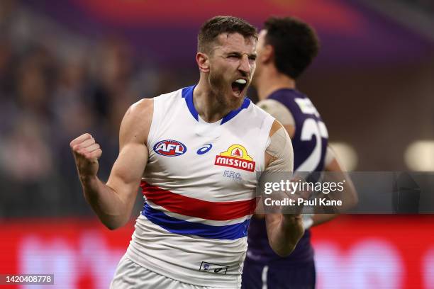 Marcus Bontempelli of the Bulldogs celebrates a goal during the AFL First Elimination Final match between the Fremantle Dockers and the Western...