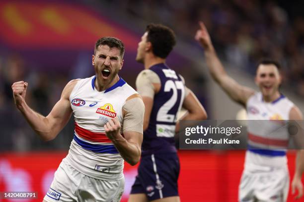 Marcus Bontempelli of the Bulldogs celebrates a goal during the AFL First Elimination Final match between the Fremantle Dockers and the Western...